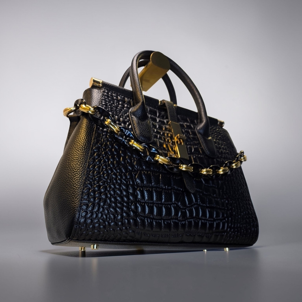 SALE!! Black Crocodile-Embossed Satchel with Charms and Shoulder Strap  NWOT